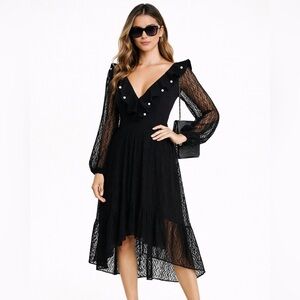 BAHIA MAR Black Maxi Lace Dress with ruffles and pearls Size Large